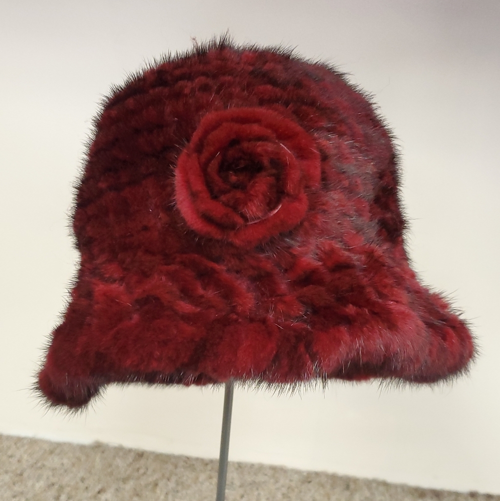 Knitted Mink Fur Hat with Rose